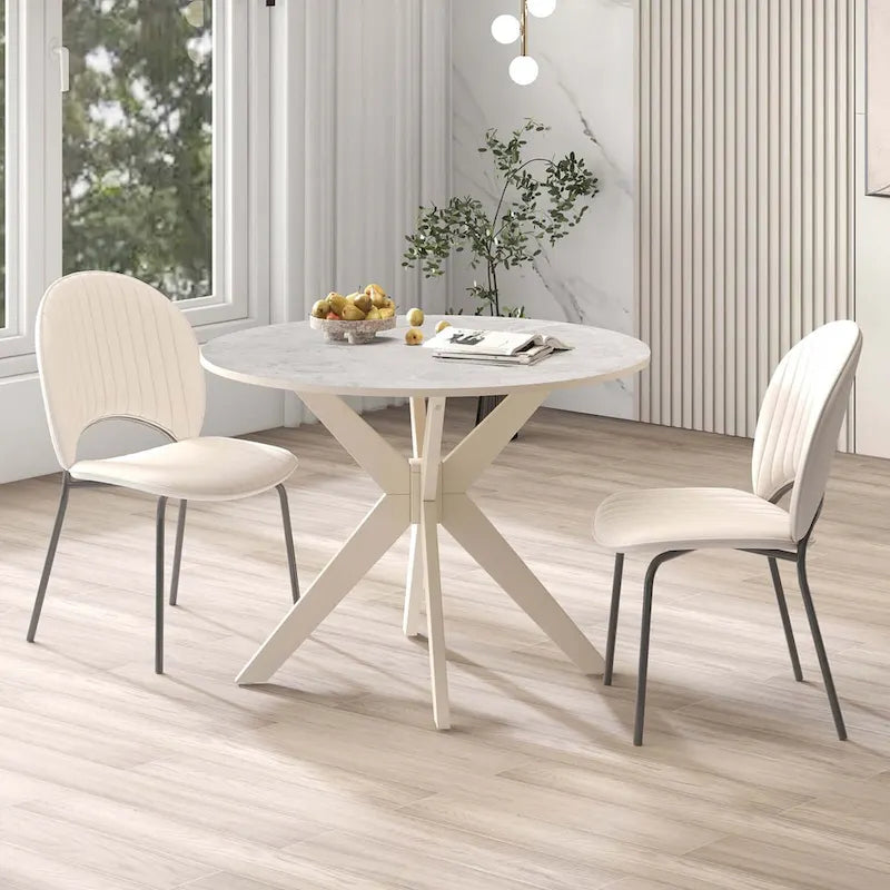 Table à manger ronde 36" plateau imitation marbre pieds en bois d'hévéa - Voir détails