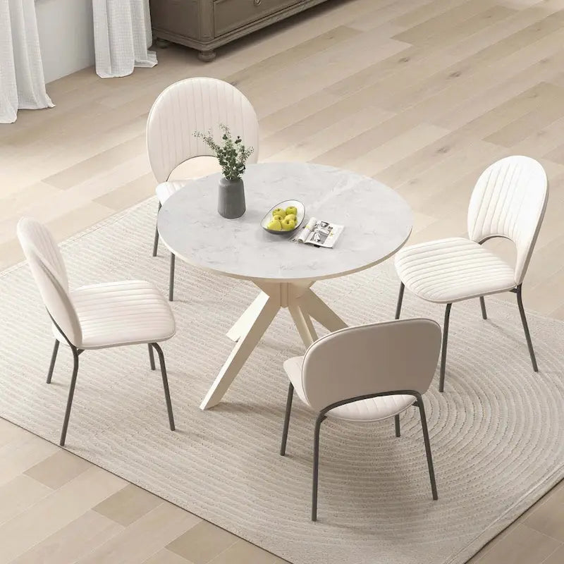 Table à manger ronde 36" plateau imitation marbre pieds en bois d'hévéa - Voir détails