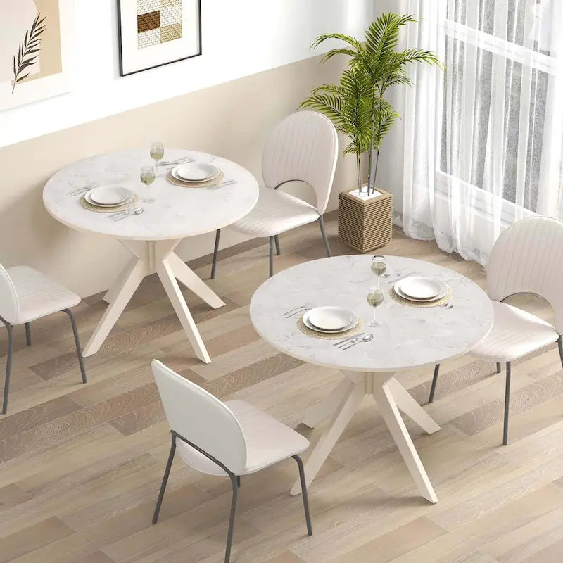 Table à manger ronde 36" plateau imitation marbre pieds en bois d'hévéa - Voir détails