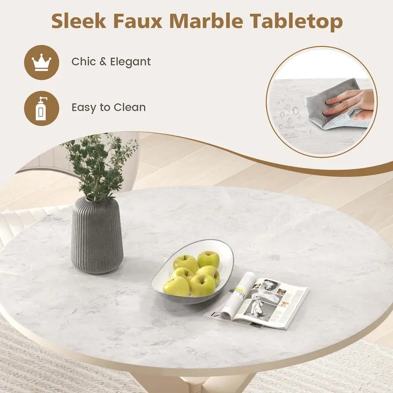 Table à manger ronde 36" plateau imitation marbre pieds en bois d'hévéa - Voir détails