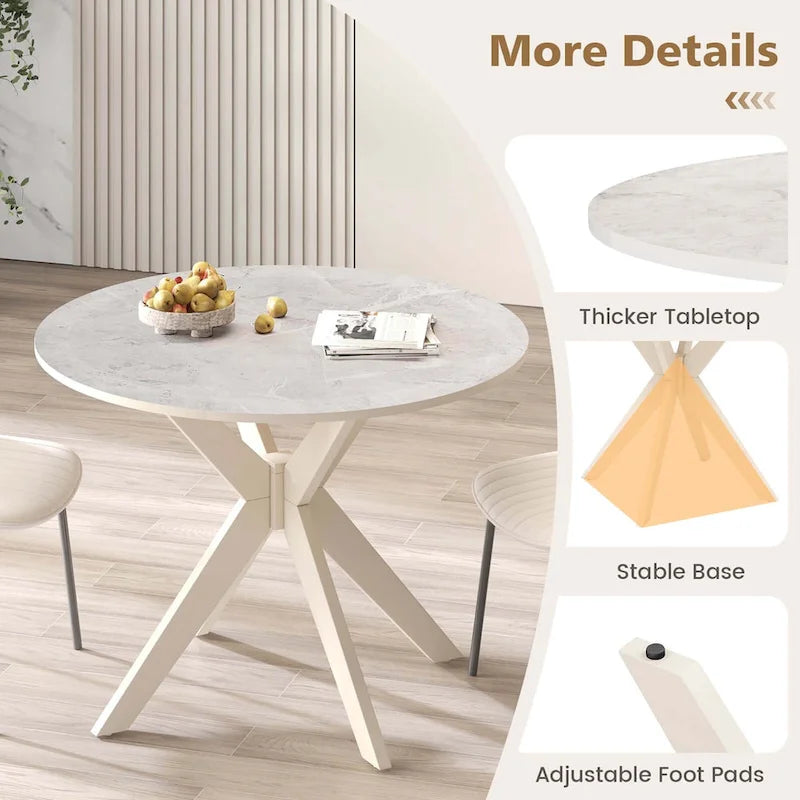 Table à manger ronde 36" plateau imitation marbre pieds en bois d'hévéa - Voir détails