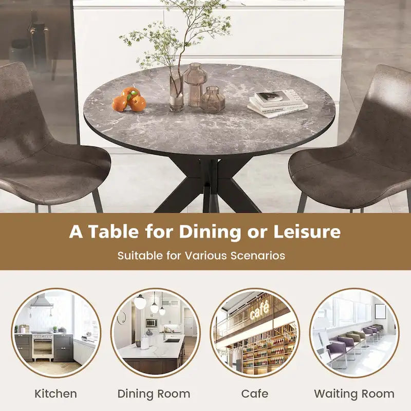 Table à manger ronde 36" plateau imitation marbre pieds en bois d'hévéa - Voir détails