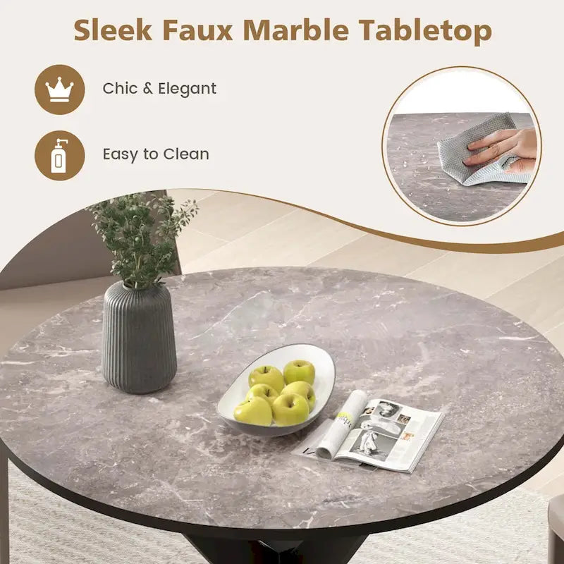 Table à manger ronde 36" plateau imitation marbre pieds en bois d'hévéa - Voir détails