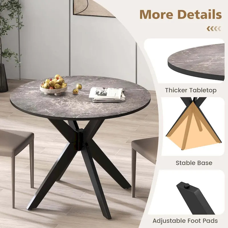 Table à manger ronde 36" plateau imitation marbre pieds en bois d'hévéa - Voir détails