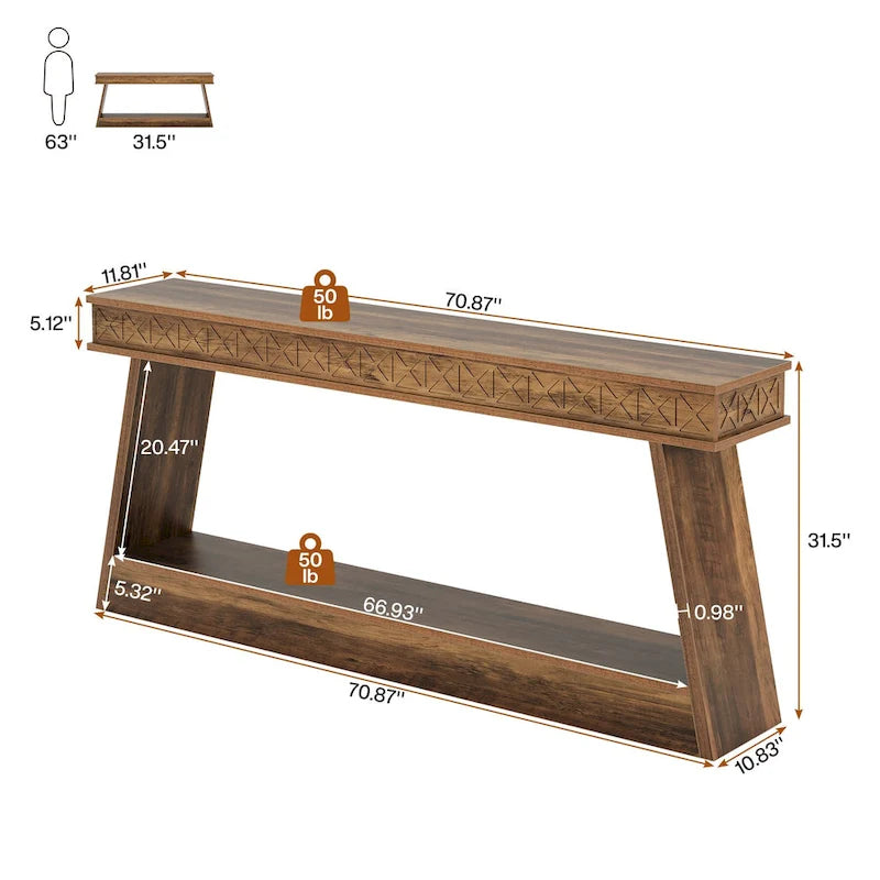 Table d'entrée extra longue de 180 cm, console étroite à 2 niveaux avec rangement - 180L x 30l x 80H cm