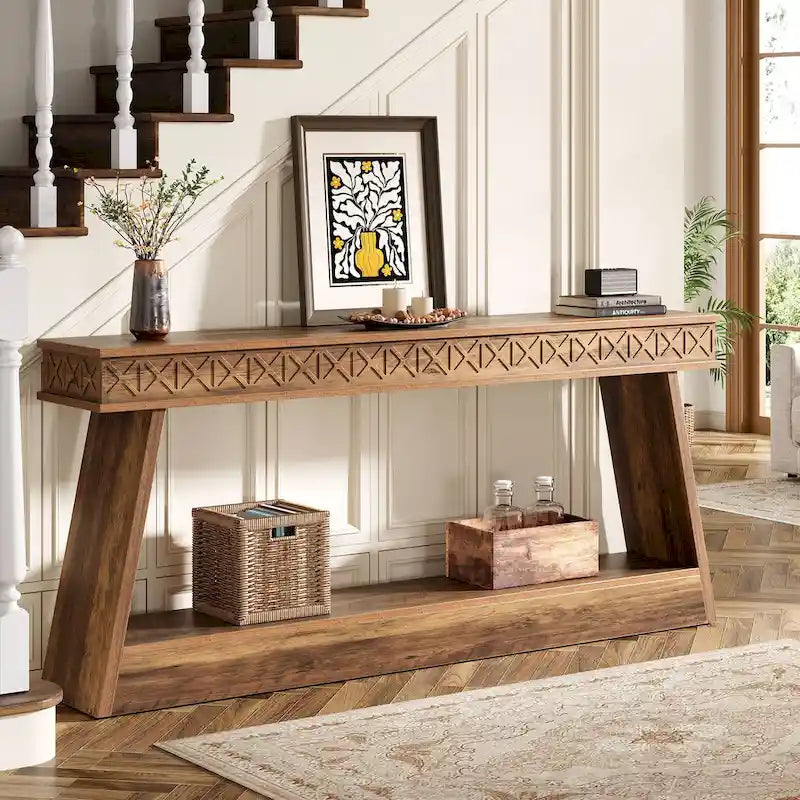 Table d'entrée extra longue de 180 cm, console étroite à 2 niveaux avec rangement - 180L x 30l x 80H cm