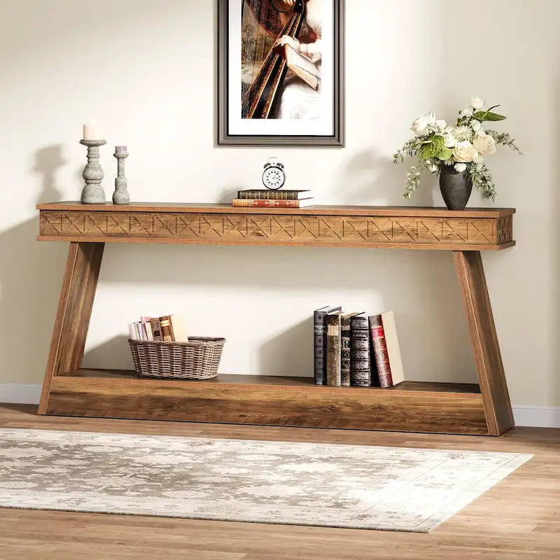 Table d'entrée extra longue de 180 cm, console étroite à 2 niveaux avec rangement - 180L x 30l x 80H cm