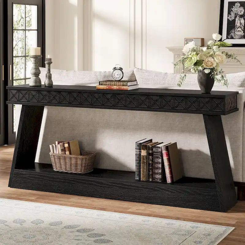Table d'entrée extra longue de 180 cm, console étroite à 2 niveaux avec rangement - 180L x 30l x 80H cm
