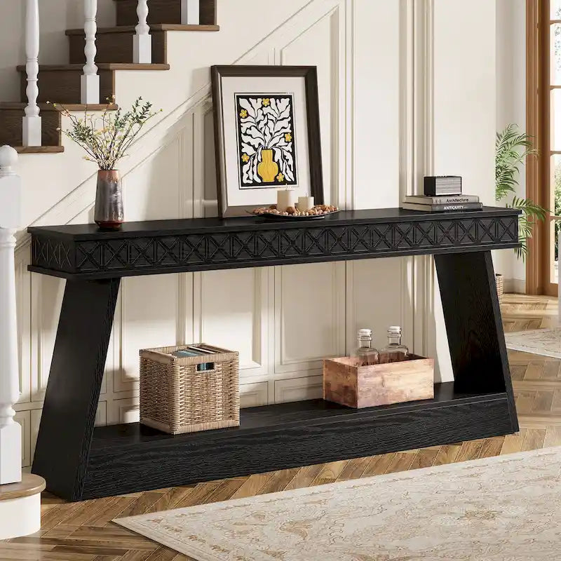 Table d'entrée extra longue de 180 cm, console étroite à 2 niveaux avec rangement - 180L x 30l x 80H cm