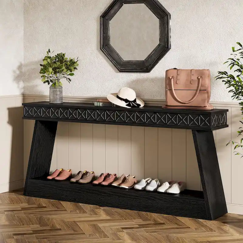 Table d'entrée extra longue de 180 cm, console étroite à 2 niveaux avec rangement - 180L x 30l x 80H cm