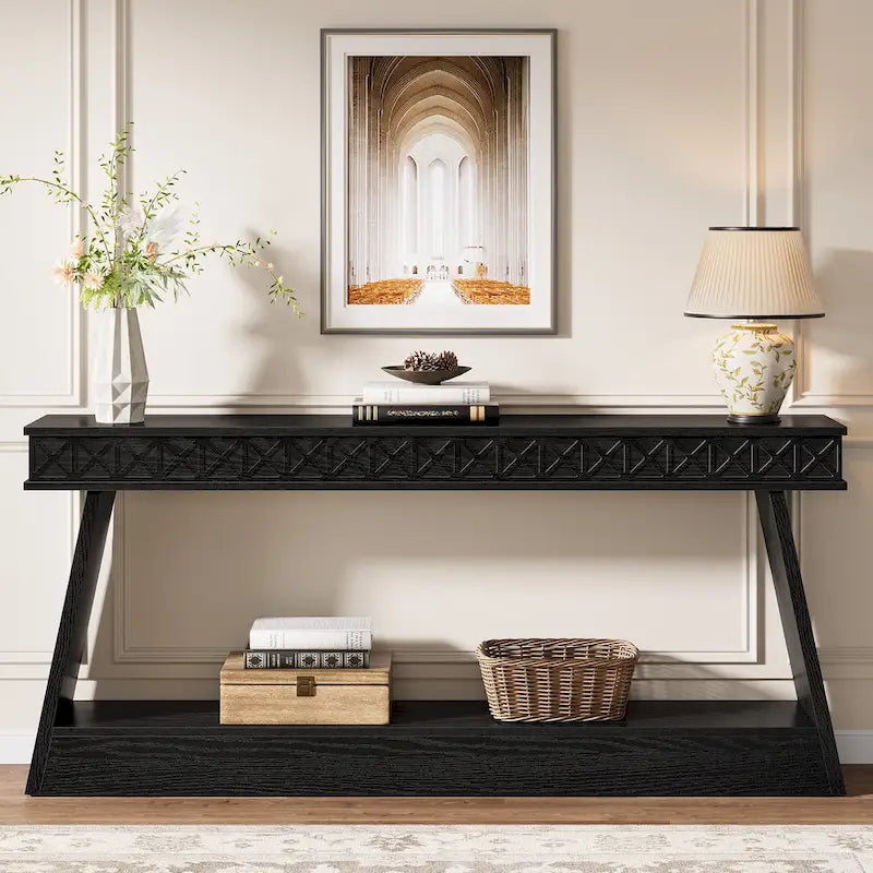 Table d'entrée extra longue de 180 cm, console étroite à 2 niveaux avec rangement - 180L x 30l x 80H cm
