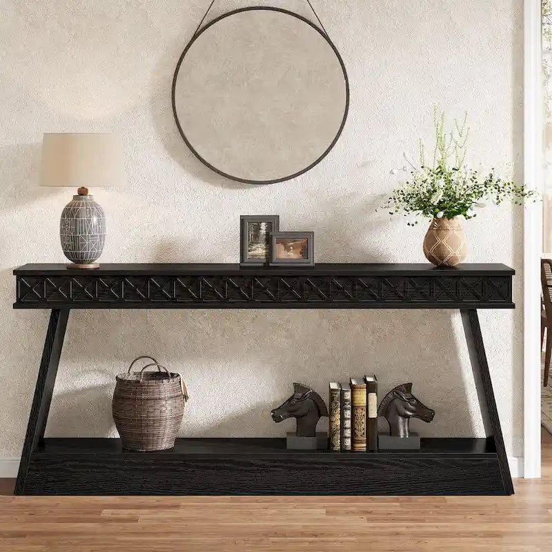 Table d'entrée extra longue de 180 cm, console étroite à 2 niveaux avec rangement - 180L x 30l x 80H cm