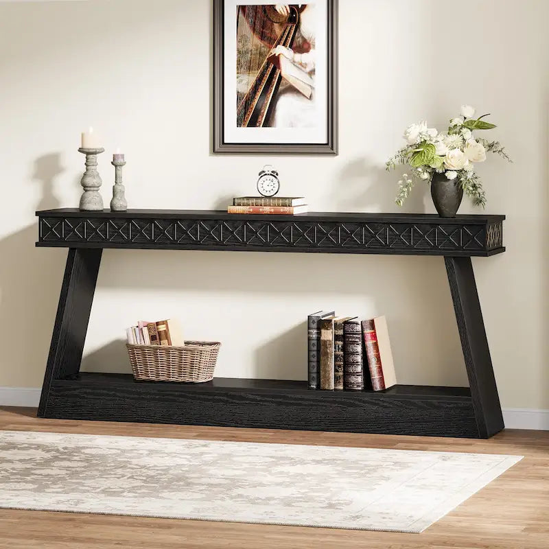 Table d'entrée extra longue de 180 cm, console étroite à 2 niveaux avec rangement - 180L x 30l x 80H cm