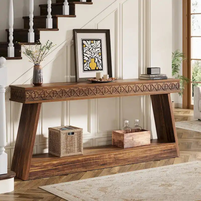 Table d'entrée extra longue de 180 cm, console étroite à 2 niveaux avec rangement - 180L x 30l x 80H cm