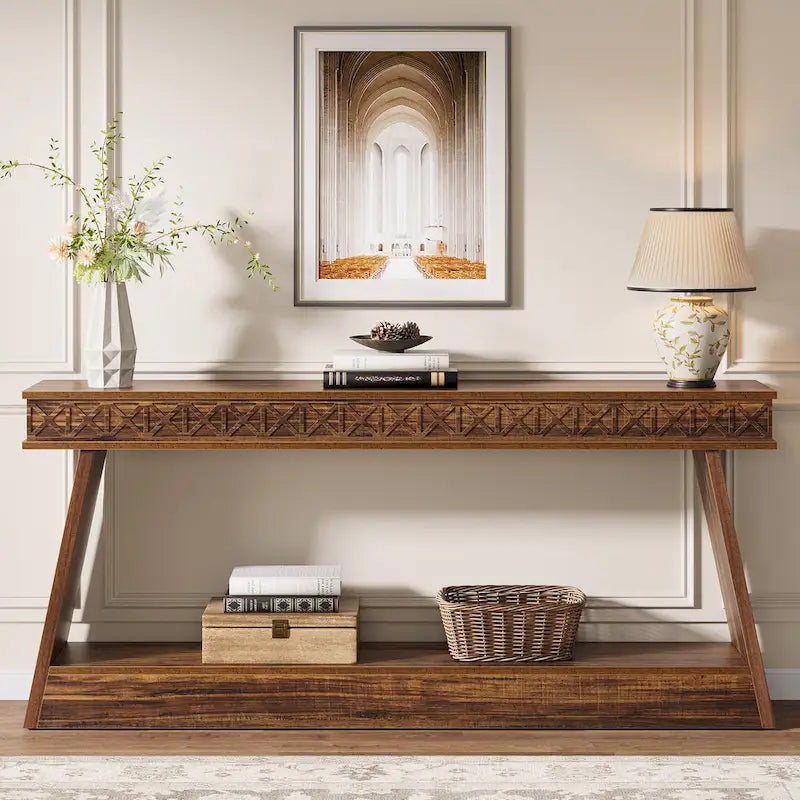 Table d'entrée extra longue de 180 cm, console étroite à 2 niveaux avec rangement - 180L x 30l x 80H cm