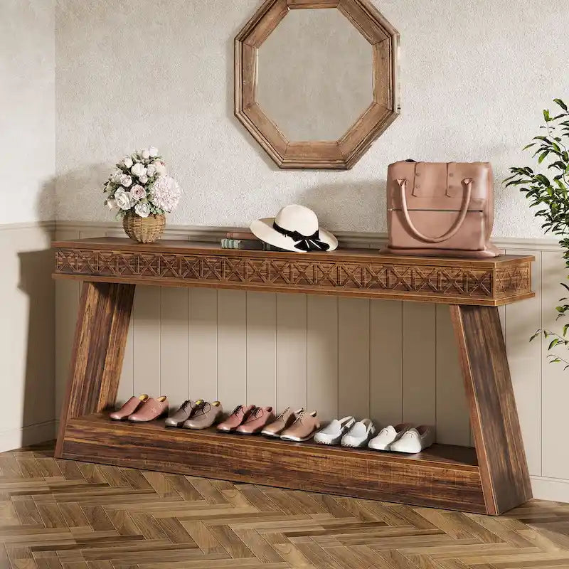Table d'entrée extra longue de 180 cm, console étroite à 2 niveaux avec rangement - 180L x 30l x 80H cm