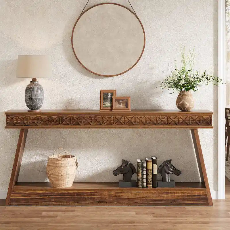 Table d'entrée extra longue de 180 cm, console étroite à 2 niveaux avec rangement - 180L x 30l x 80H cm