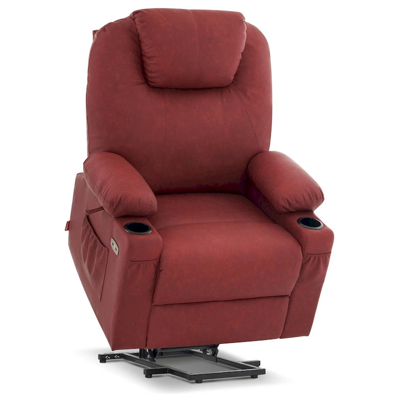 Grand fauteuil releveur inclinable en cuir avec massage, chauffage, porte-gobelets, repose-pieds étendu, cuir 7516