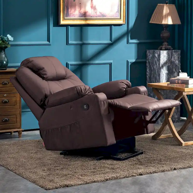 Grand fauteuil releveur inclinable en cuir avec massage, chauffage, porte-gobelets, repose-pieds étendu, cuir 7516