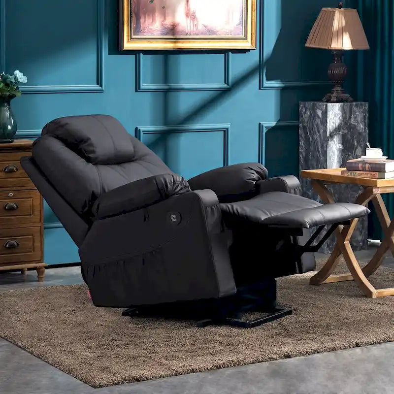 Grand fauteuil releveur inclinable en cuir avec massage, chauffage, porte-gobelets, repose-pieds étendu, cuir 7516