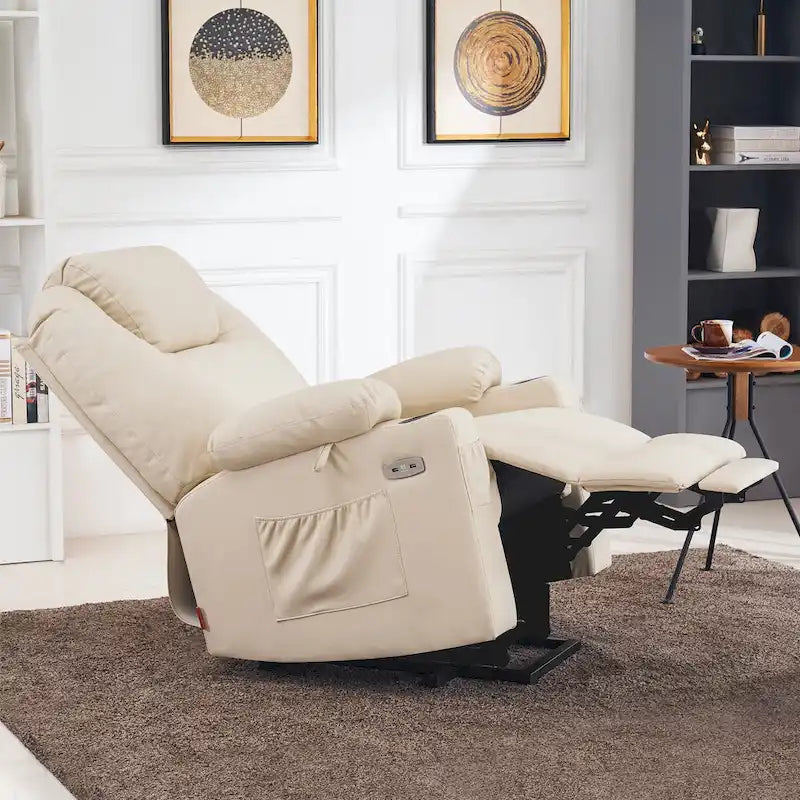 Grand fauteuil releveur inclinable en cuir avec massage, chauffage, porte-gobelets, repose-pieds étendu, cuir 7516