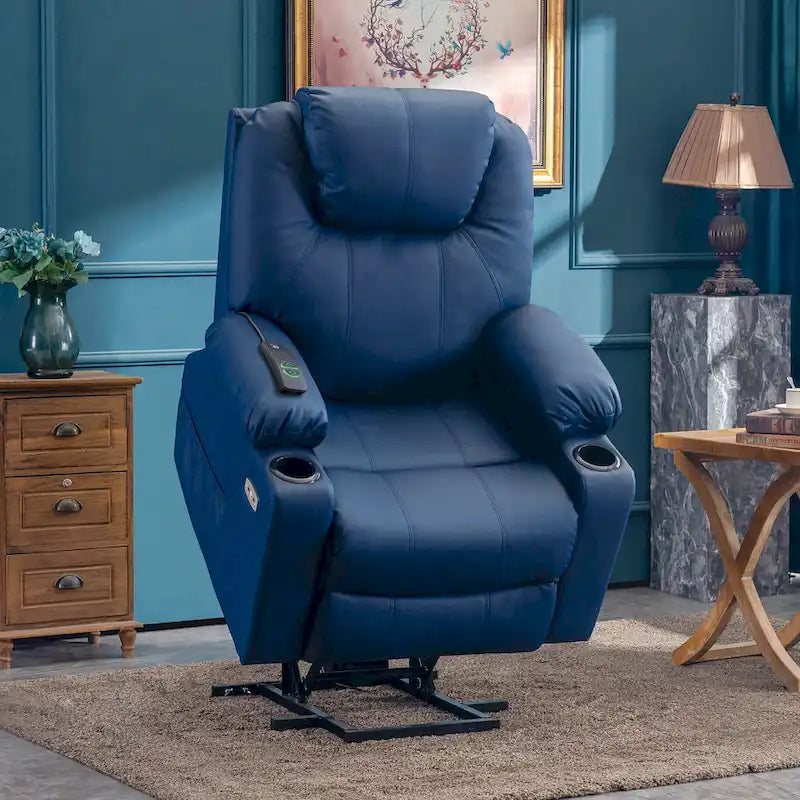 Grand fauteuil releveur inclinable en cuir avec massage, chauffage, porte-gobelets, repose-pieds étendu, cuir 7516