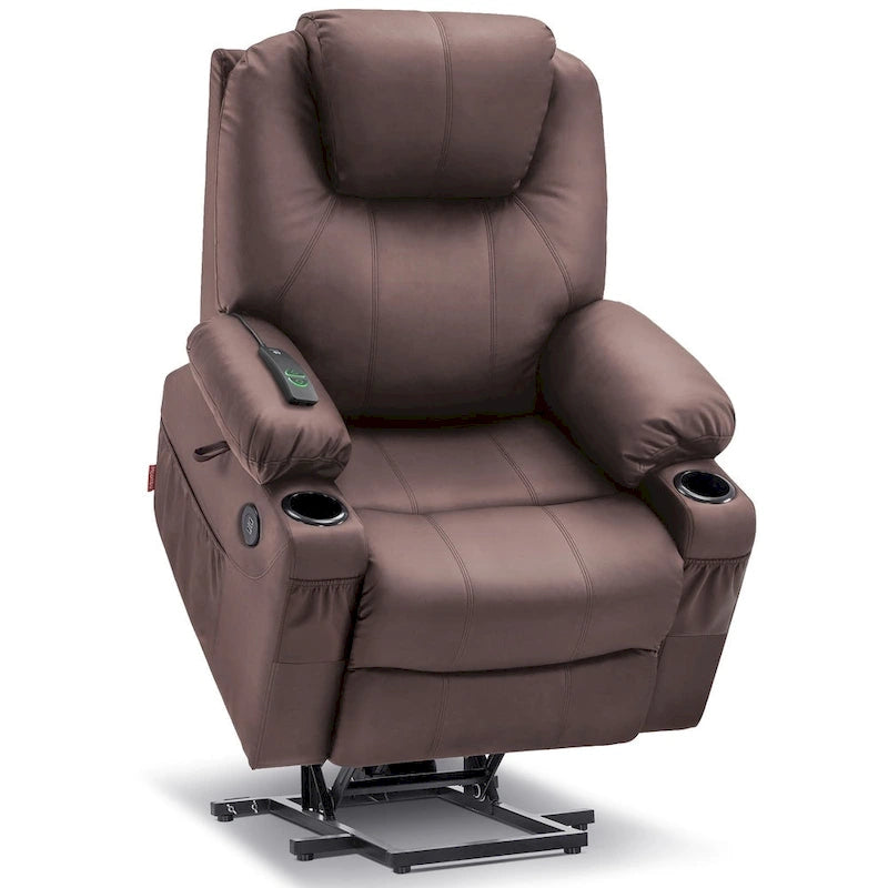 Grand fauteuil releveur inclinable en cuir avec massage, chauffage, porte-gobelets, repose-pieds étendu, cuir 7516