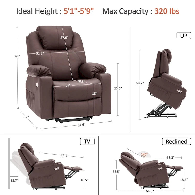 Grand fauteuil releveur inclinable en cuir avec massage, chauffage, porte-gobelets, repose-pieds étendu, cuir 7516