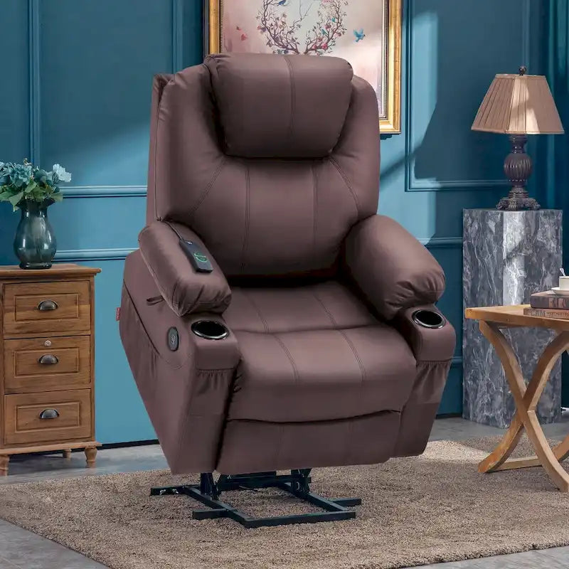 Grand fauteuil releveur inclinable en cuir avec massage, chauffage, porte-gobelets, repose-pieds étendu, cuir 7516