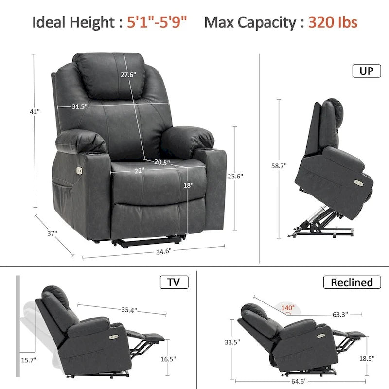 Grand fauteuil releveur inclinable en cuir avec massage, chauffage, porte-gobelets, repose-pieds étendu, cuir 7516