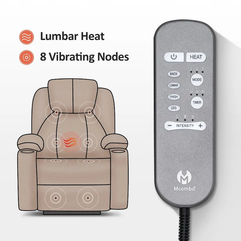 Grand fauteuil releveur inclinable en cuir avec massage, chauffage, porte-gobelets, repose-pieds étendu, cuir 7516