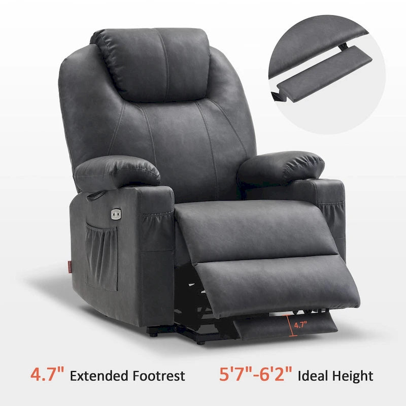 Grand fauteuil releveur inclinable en cuir avec massage, chauffage, porte-gobelets, repose-pieds étendu, cuir 7516