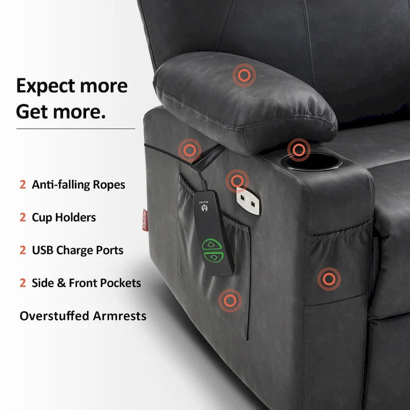 Grand fauteuil releveur inclinable en cuir avec massage, chauffage, porte-gobelets, repose-pieds étendu, cuir 7516