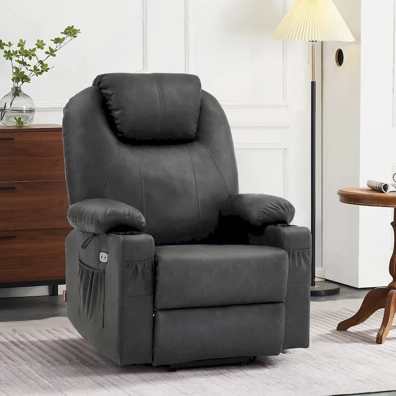 Grand fauteuil releveur inclinable en cuir avec massage, chauffage, porte-gobelets, repose-pieds étendu, cuir 7516