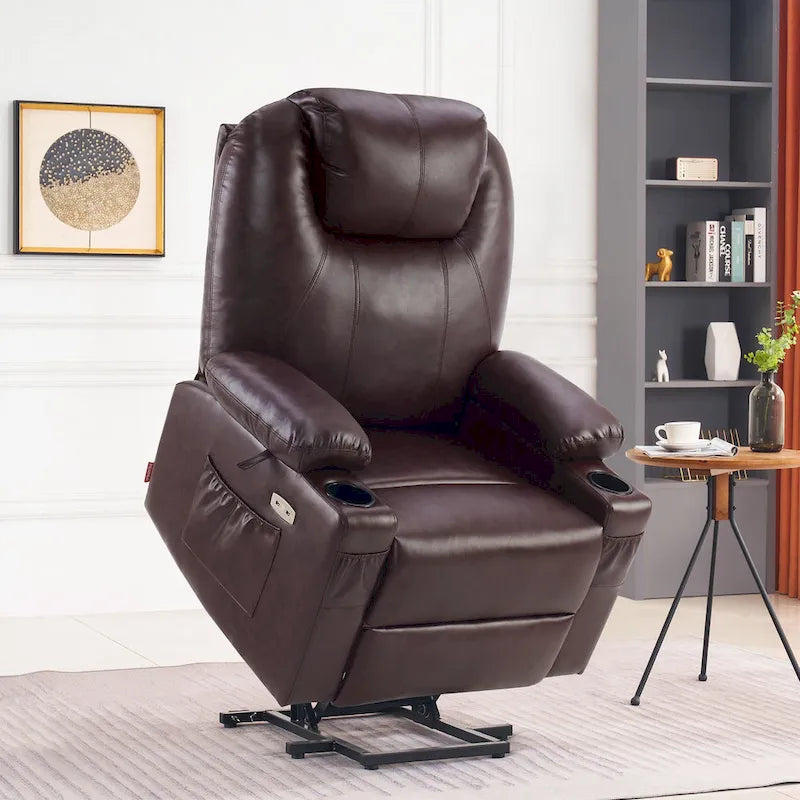 Grand fauteuil releveur inclinable en cuir avec massage, chauffage, porte-gobelets, repose-pieds étendu, cuir 7516