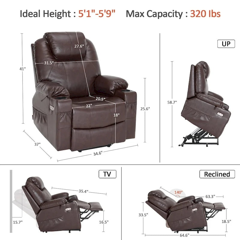 Grand fauteuil releveur inclinable en cuir avec massage, chauffage, porte-gobelets, repose-pieds étendu, cuir 7516