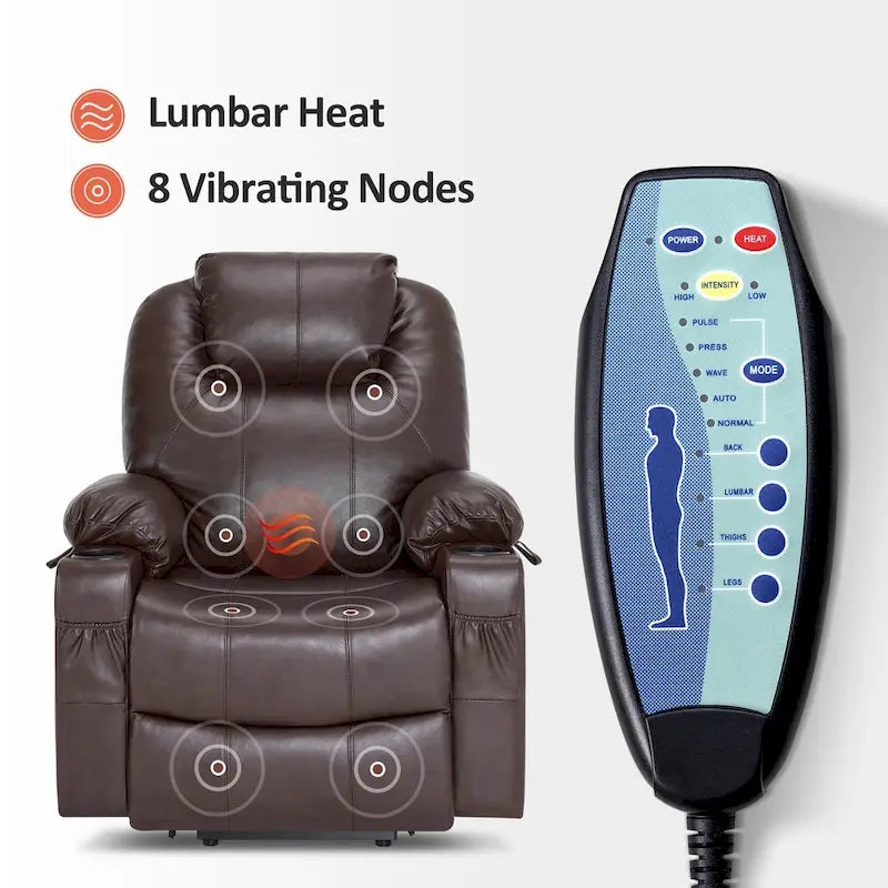 Grand fauteuil releveur inclinable en cuir avec massage, chauffage, porte-gobelets, repose-pieds étendu, cuir 7516