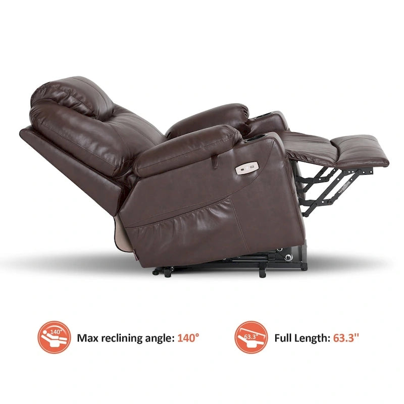 Grand fauteuil releveur inclinable en cuir avec massage, chauffage, porte-gobelets, repose-pieds étendu, cuir 7516
