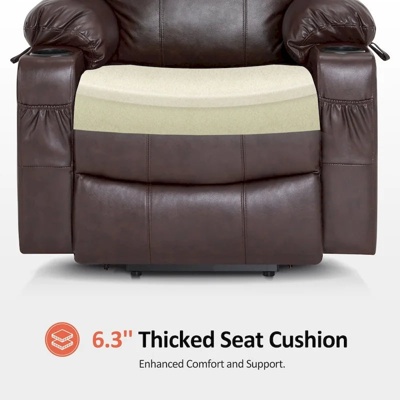 Grand fauteuil releveur inclinable en cuir avec massage, chauffage, porte-gobelets, repose-pieds étendu, cuir 7516