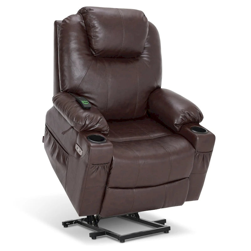 Grand fauteuil releveur inclinable en cuir avec massage, chauffage, porte-gobelets, repose-pieds étendu, cuir 7516