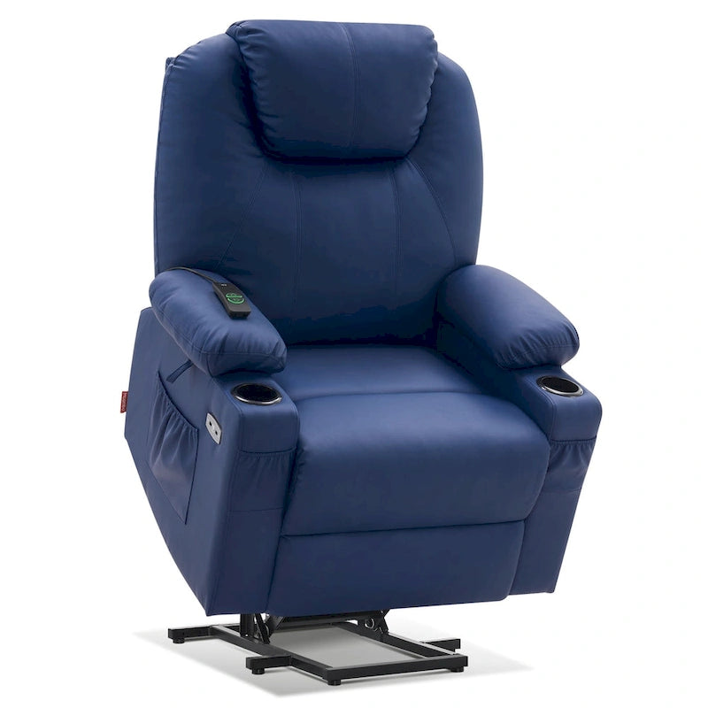 Grand fauteuil releveur inclinable en cuir avec massage, chauffage, porte-gobelets, repose-pieds étendu, cuir 7516