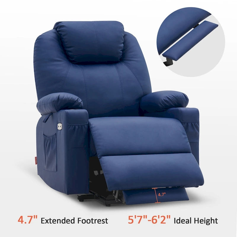Grand fauteuil releveur inclinable en cuir avec massage, chauffage, porte-gobelets, repose-pieds étendu, cuir 7516