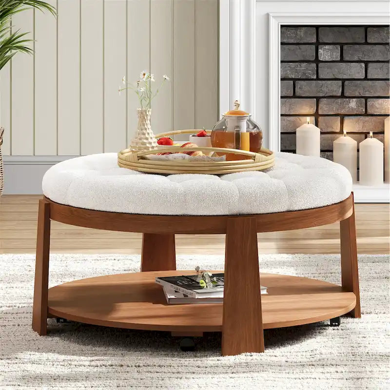 Table basse capitonnée de 36 po avec étagère en bois et roues