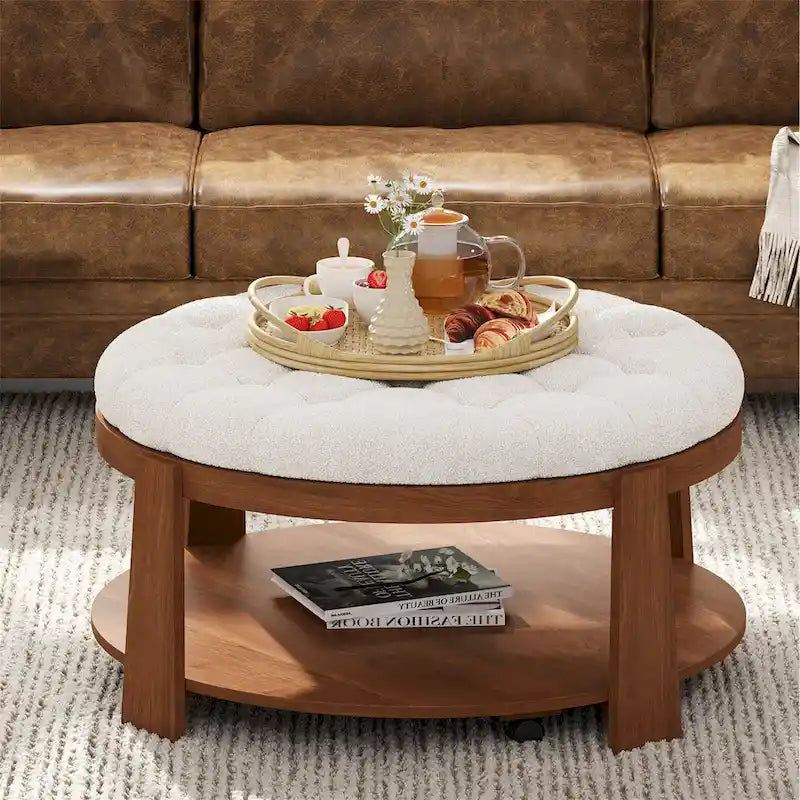 Table basse capitonnée de 36 po avec étagère en bois et roues