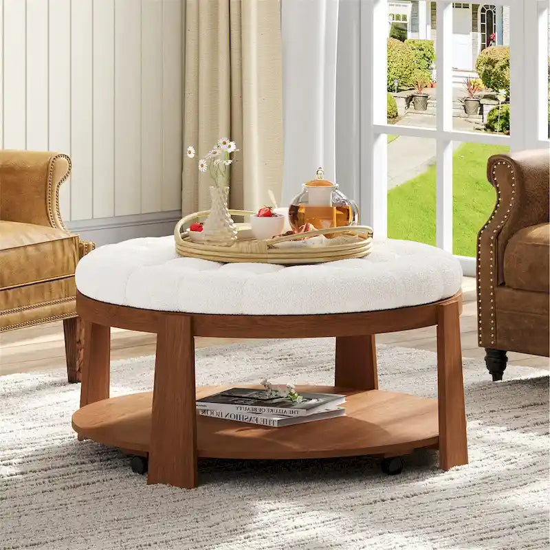 Table basse capitonnée de 36 po avec étagère en bois et roues