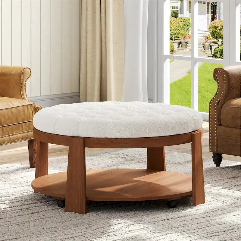 Table basse capitonnée de 36 po avec étagère en bois et roues