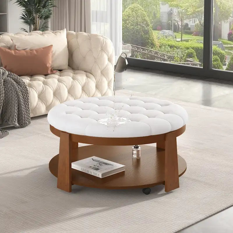 Table basse capitonnée de 36 po avec étagère en bois et roues