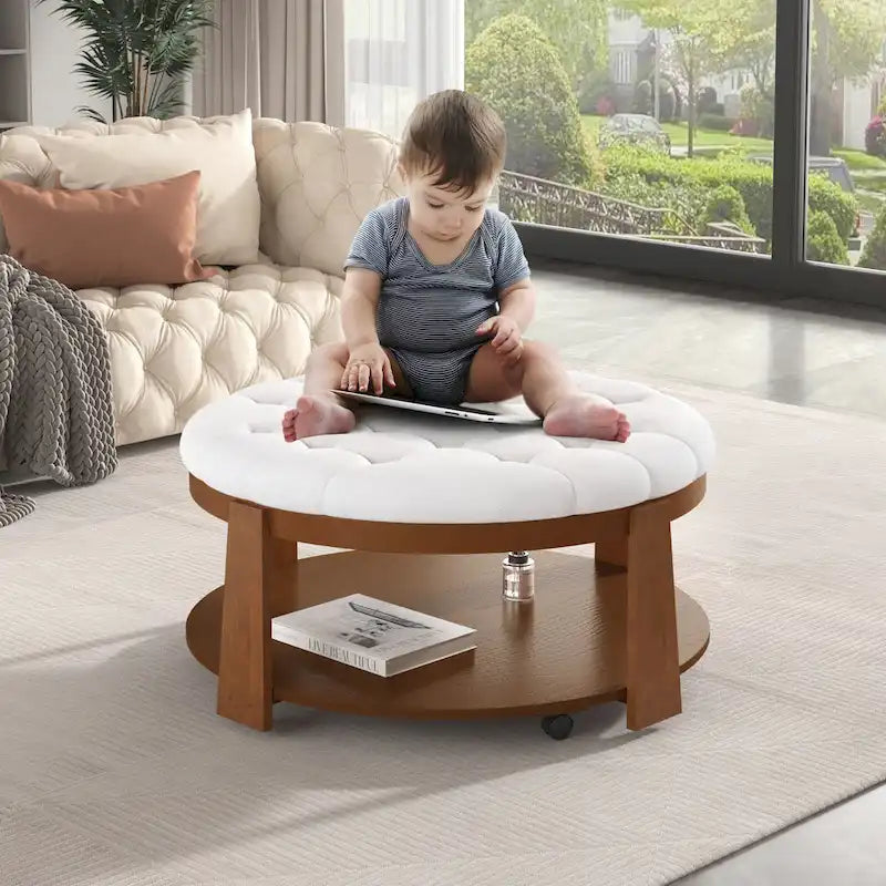 Table basse capitonnée de 36 po avec étagère en bois et roues