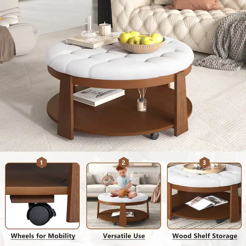 Table basse capitonnée de 36 po avec étagère en bois et roues