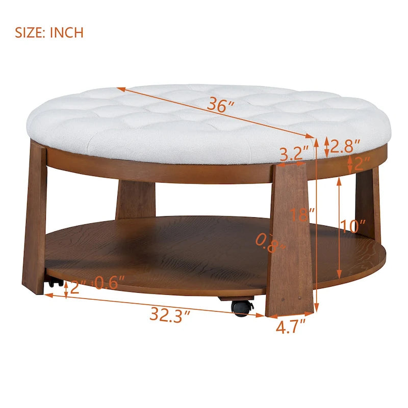 Table basse capitonnée de 36 po avec étagère en bois et roues